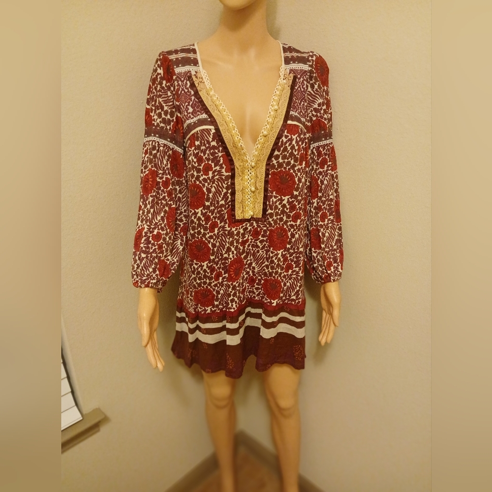 Free People Sweet Poland Poppy Floral Boho Tunic Top Linen Cotton